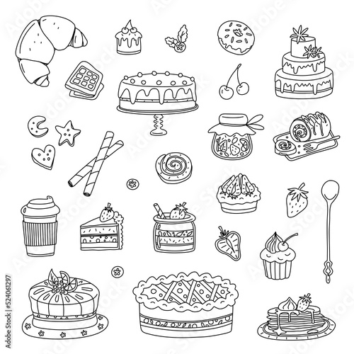 Set of doodle desserts and sweets. Vector outline drawing elements.