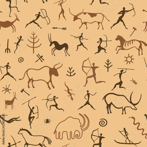 Cave painting pattern. Seamless print of primitive ancient drawing of hunting men, prehistoric animals and patterns. Vector ornamental texture