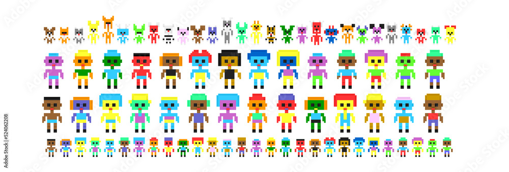 Pixel art cute characters game assets. Retro game style 8 bit