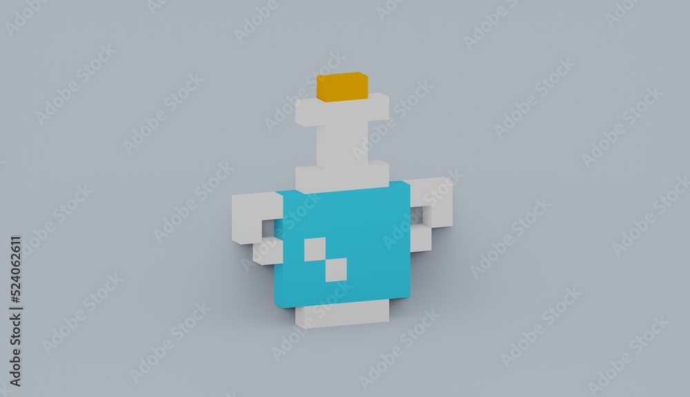 Glass flask with water. 3D rendered illustration. Pixel art stylized Glass flask with water. 3D rendered illustration. Pixel art stylized