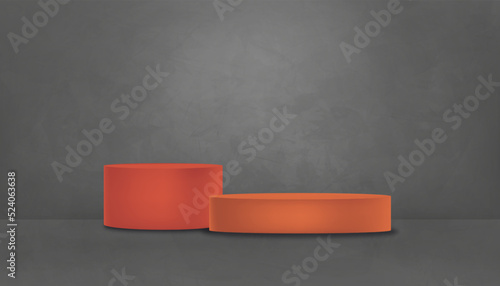 Autumn 3D Display podium orange stand in Studio room on dark cement wall textured background,Vector minimal banner for fall sale backdrop,Gallery room in black concrete for Autumnal presentation
