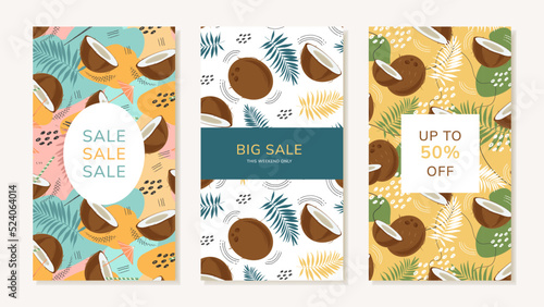 Bright, juicy summer social media templates with coconuts and palm leaves. Vector editable illustration
