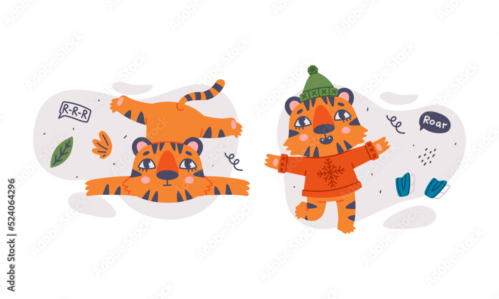 Fototapeta premium Cute funny baby tigers characters set. Happy New Year concept cartoon vector illustration