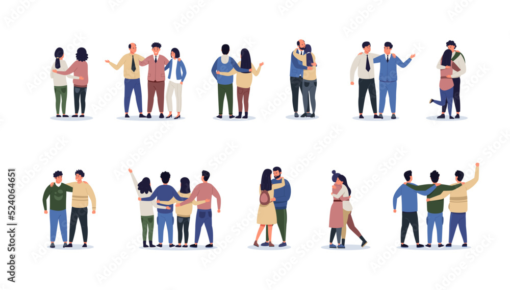 Friends hugging behind. Young persons friendship and coworkers collaboration concept, teamwork friends and coworker friendly hug. Vector isolated set