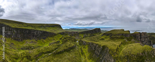Aerial panoramic view of The Quiraing on the isle of Skye in Scotland