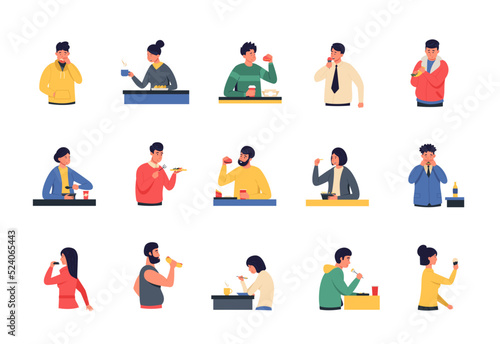 Men and women eating. Cartoon persons sitting at the table and have breakfast lunch or brunch, relaxed eating outside in cafe or restaurant. Vector set