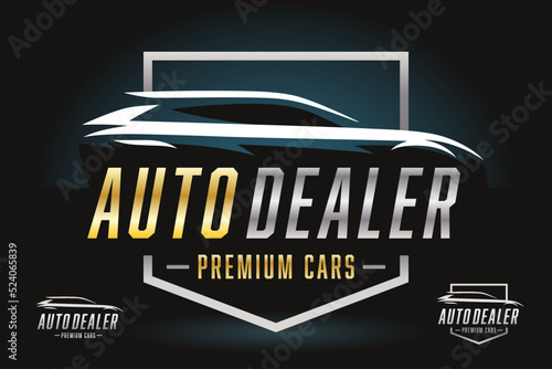 Motor vehicle dealer logo. Car silhouette badge icon. Premium auto dealership emblem. Automotive showroom garage sign. Vector illustration.