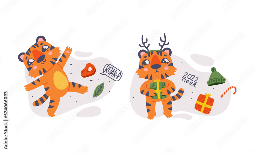 Naklejka premium Cute baby tigers set celebrating New Year. Funny orange striped jungle wildcat characters cartoon vector illustration