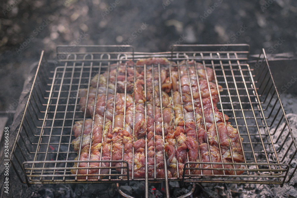 Delicious meat cooked in a grill over burning coals