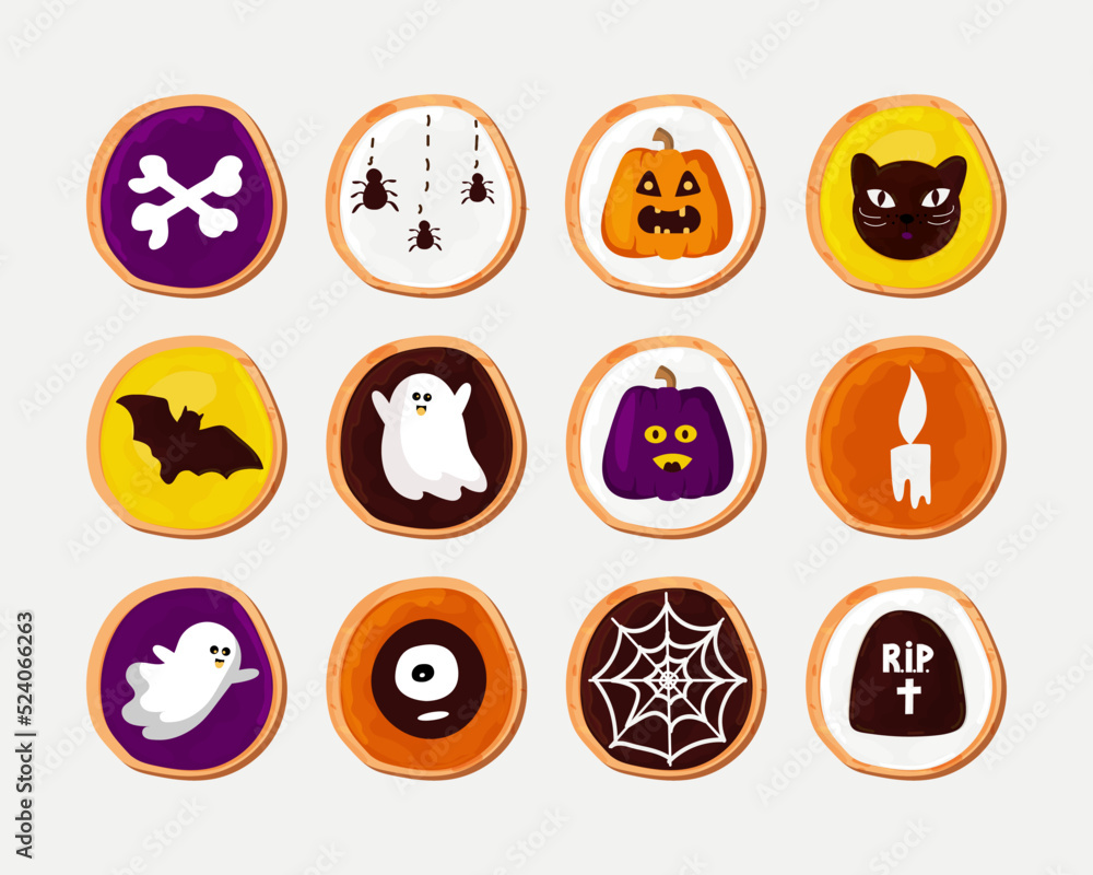 halloween cookies set. Traditional meal. Glazed pastries with drawings in the form of bats, pumpkins, bones, ghosts. Vector illustration, cartoon style halloween cookies set. Traditional meal. Glazed pastries with drawings in the form of bats, pumpkins, bones, ghosts. Vector illustration, cartoon style