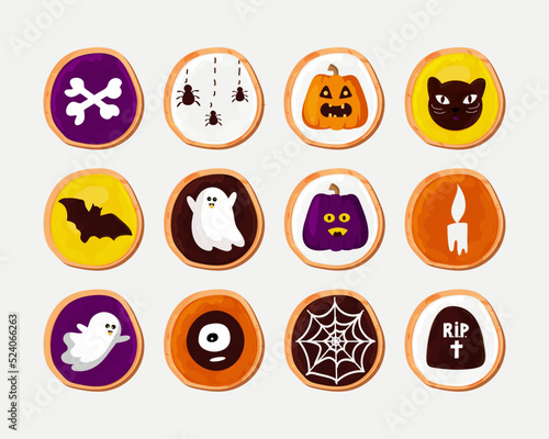 halloween cookies set. Traditional meal. Glazed pastries with drawings in the form of bats, pumpkins, bones, ghosts. Vector illustration, cartoon style