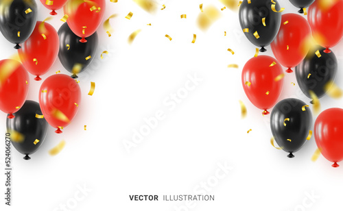 Banner design template with realistic red and black helium balloons, falling golden confetti and blank space in the center. Vector illustration