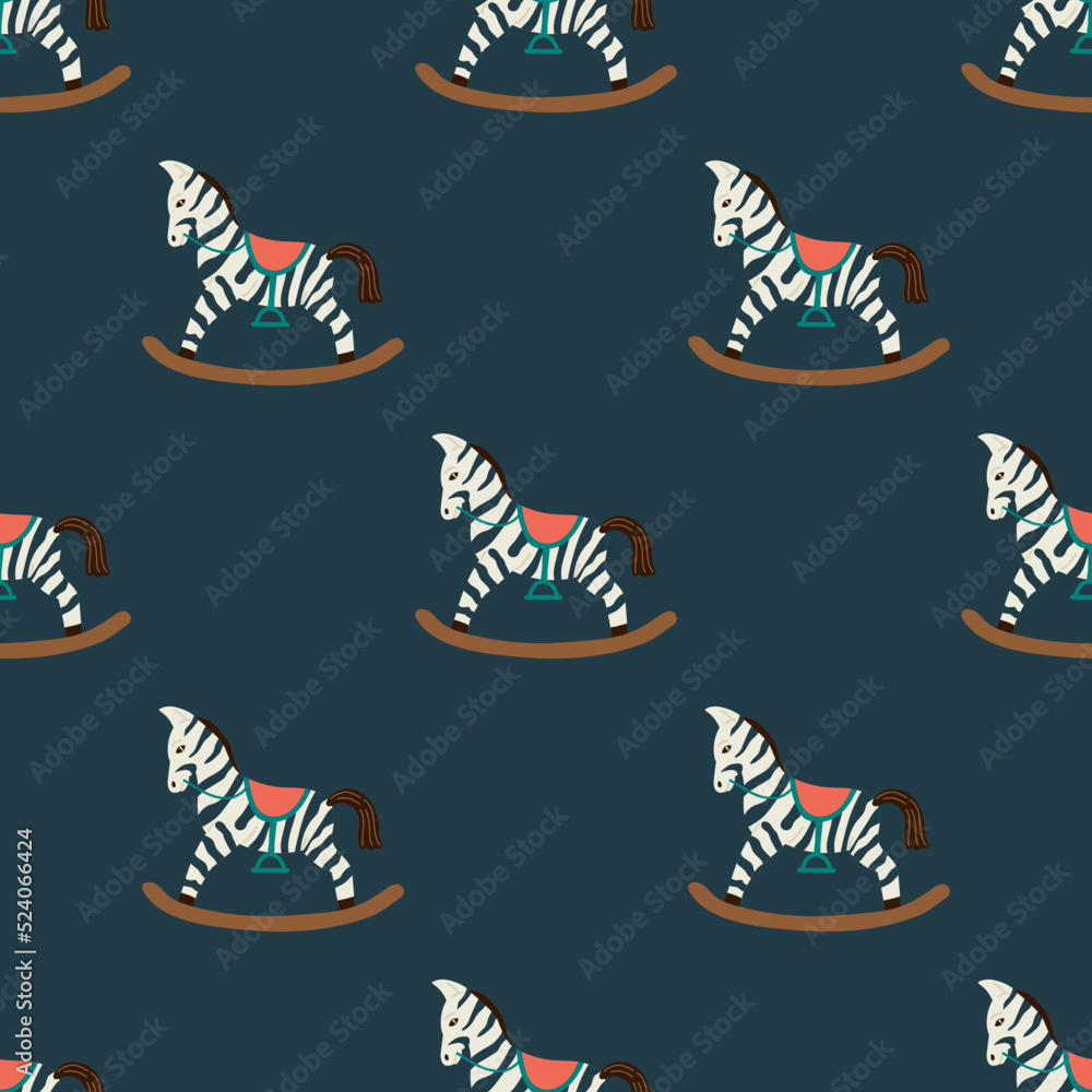 Seamless pattern with zebra on a dark green background. Flat vector illustration