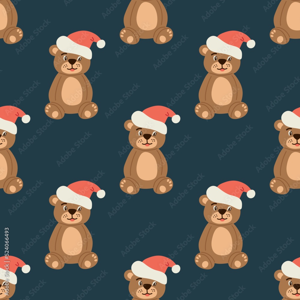 Fototapeta premium Seamless pattern with a bear in a Santa hat on a dark green background. Flat vector illustration