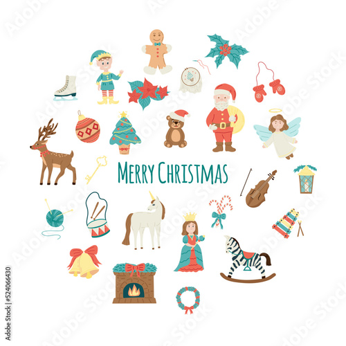 Christmas set. Flat vector illustration. Santa, deer, zebra, fireplace, bear, elf, unicorn, angel, wreath.