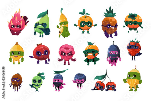 Superhero fruits. Funny fresh superfood in masks and cape, funny cartoon organic food in colorful hero costume. Vector cute clipart collection
