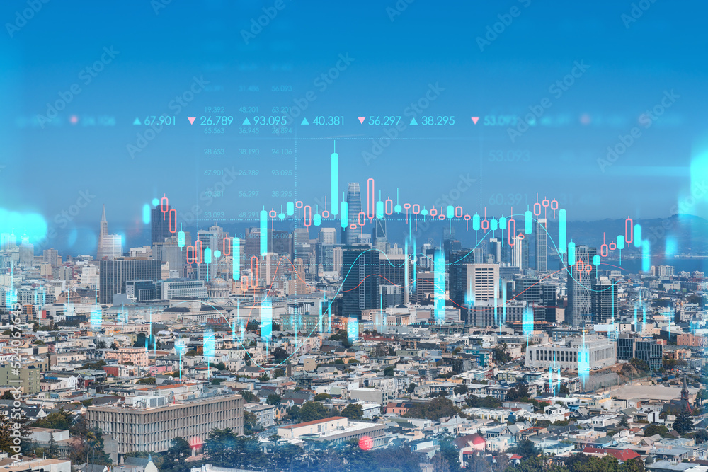 Panoramic view of San Francisco skyline, daytime from hill side. Financial District. Forex graph, charts hologram. The concept of internet trading, brokerage and fundamental analysis