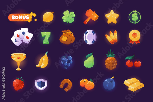 Casino symbols. Cartoon slot machine and spinning game colorful shiny icons, 2D game UI elements asset of fruits star heart playing card symbols. Vector set