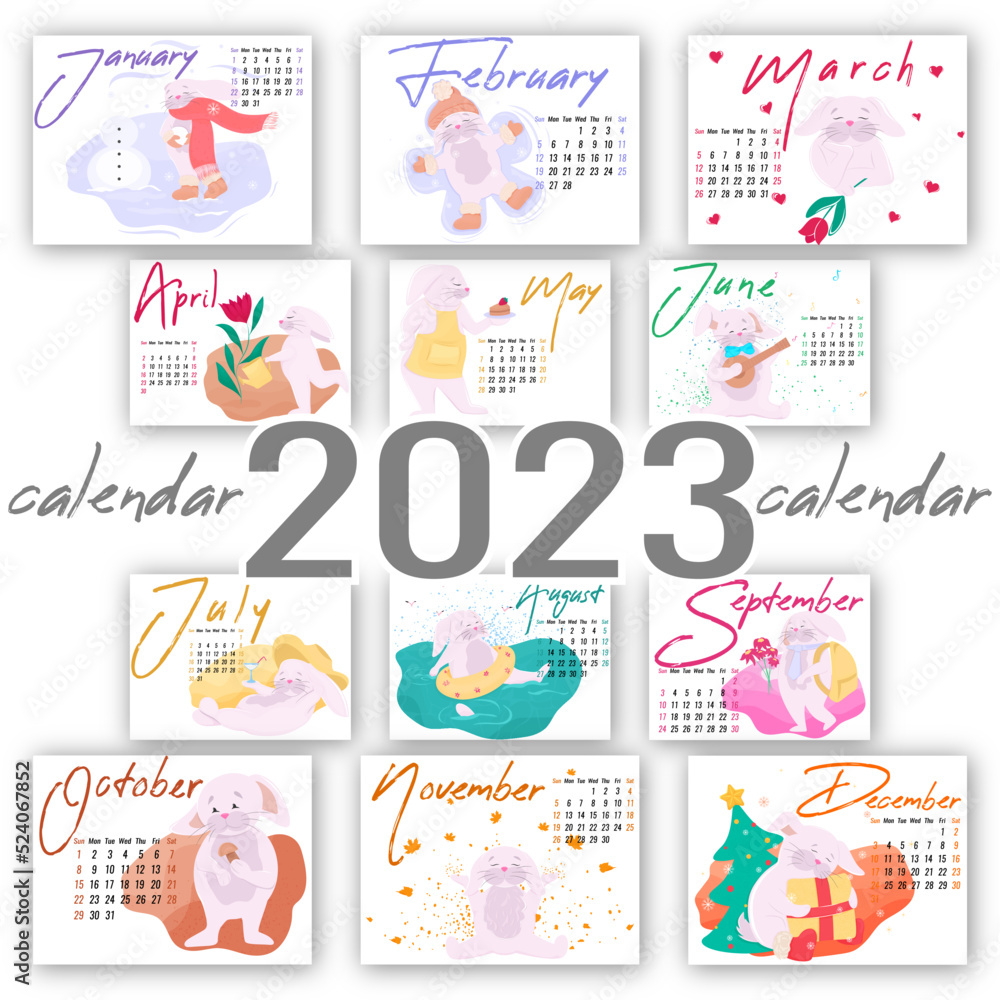 Horizontal Calendar with illustrations of rabbits for each month of the year, calendar for 2023, monthly calendar with cute drawings of a character doing different actions