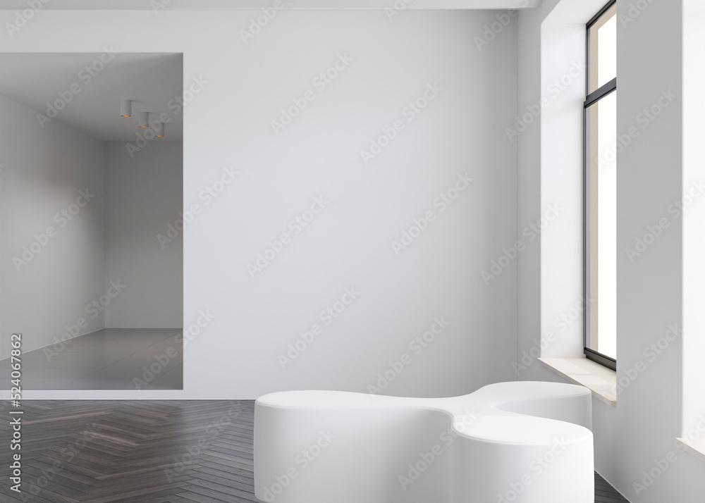 Fototapeta premium Empty white wall in modern art gallery. Mock up interior in minimalist style. Free, copy space for your artwork, picture, text, or another design. Empty exhibition space. 3D rendering.