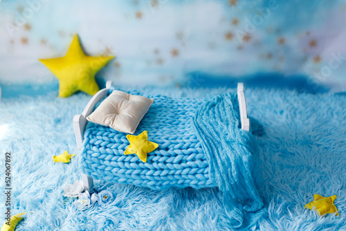 Blue newborn digital backdrop with stars and moon on a colourful background
