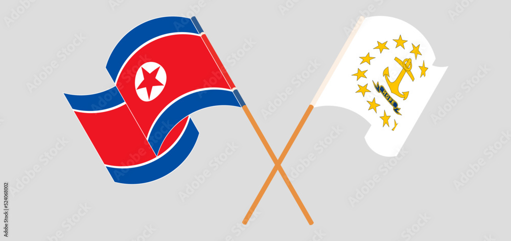 Crossed and waving flags of North Korea and the State of Rhode Island
