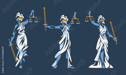 Set of Lady Justice. Themis, goddess of order and justic. Blind woman with scales and sword vector illustration