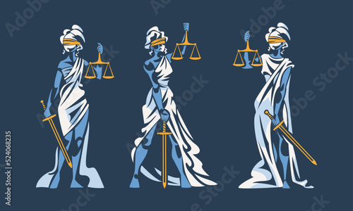 Set of Lady Justice. Themis, goddess of order and justic with scales and sword vector illustration