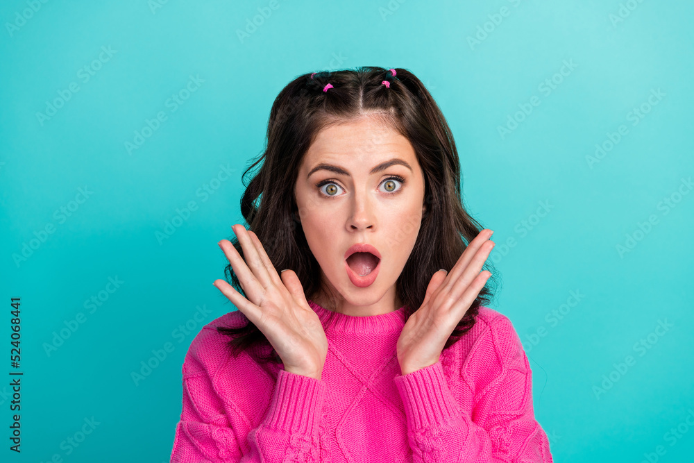 Closeup photo of young attractive lady hands up speechless surprised sale low prices shopping isolated on aquamarine color background Closeup photo of young attractive lady hands up speechless surprised sale low prices shopping isolated on aquamarine color background
