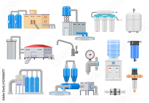 Filtered water. Home aqua purification equipment with filters, container for clean water and valve, industry water filtration and household kitchen device. Vector set