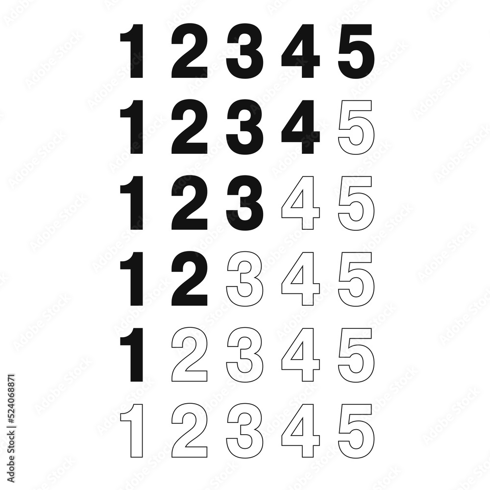 5 numbers comparison rating icon set. Five stars quantity ranking. Rate in numbers
