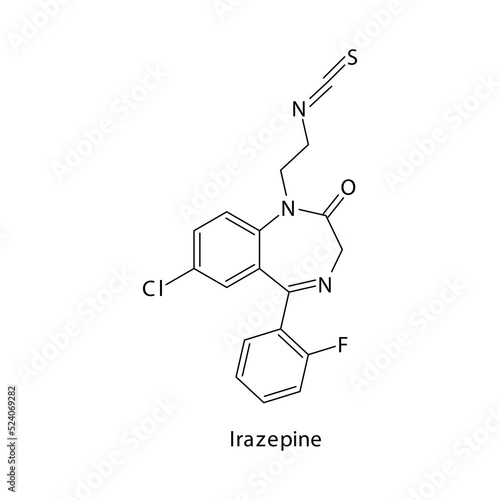 Irazepine molecule flat skeletal structure, Benzodiazepine class drug used as Sedative, hypnotic agent. Vector illustration on white background.
