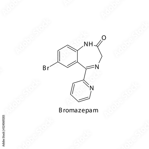 Bromazepam molecule flat skeletal structure, Benzodiazepine class drug used as Anxiolytic. Vector illustration on white background.