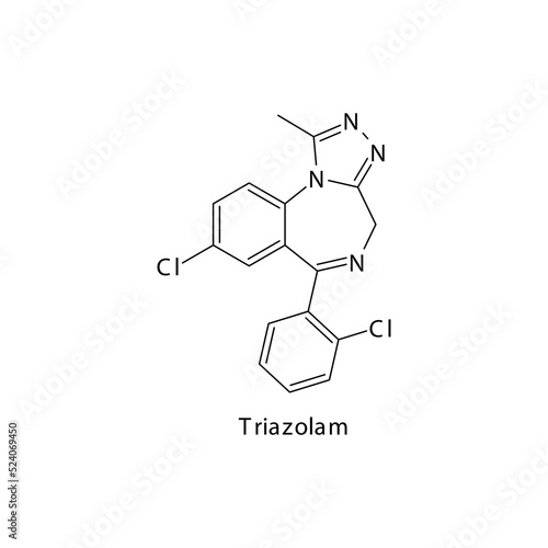 Triazolam molecule flat skeletal structure, Benzodiazepine class drug used as Sedative, hypnotic agent. Vector illustration on white background.