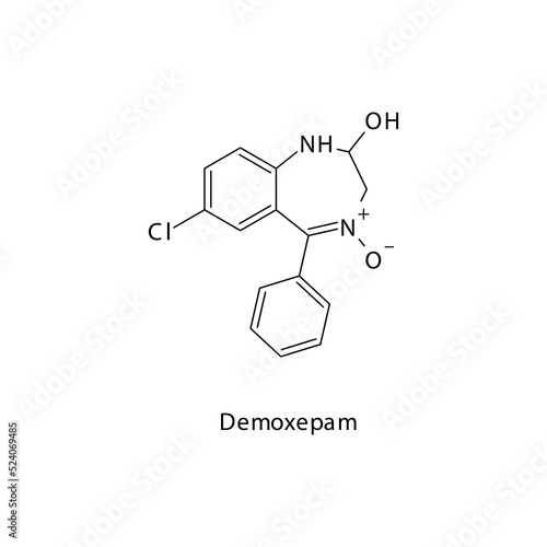 Demoxepam molecule flat skeletal structure, Benzodiazepine class drug used as Sedative, hypnotic agent. Vector illustration on white background.