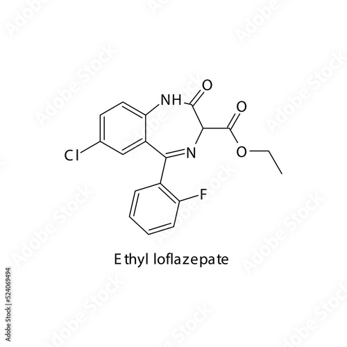 Ethyl loflazepate molecule flat skeletal structure, Benzodiazepine class drug used as Sedative, hypnotic agent. Vector illustration on white background.