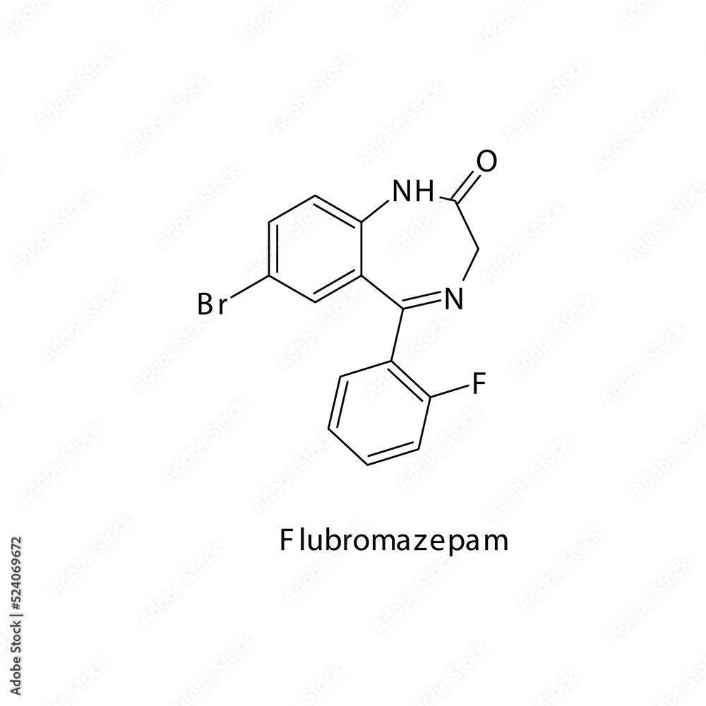 Flubromazepam molecule flat skeletal structure, Benzodiazepine class drug used as designer drug. Vector illustration on white background. Flubromazepam molecule flat skeletal structure, Benzodiazepine class drug used as designer drug. Vector illustration on white background.