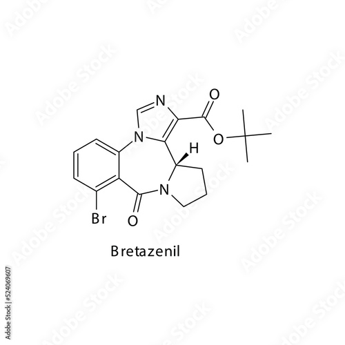 Bretazenil molecule flat skeletal structure, Benzodiazepine class drug used as Sedative, hypnotic agent. Vector illustration on white background.