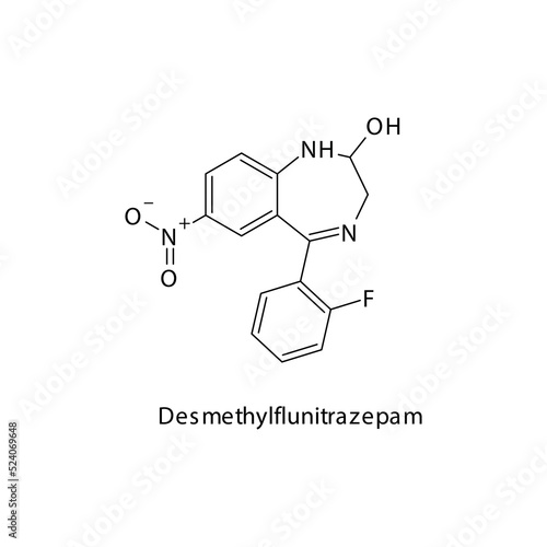 Desmethylflunitrazepam molecule flat skeletal structure, Benzodiazepine class drug used as Sedative, hypnotic agent. Vector illustration on white background.