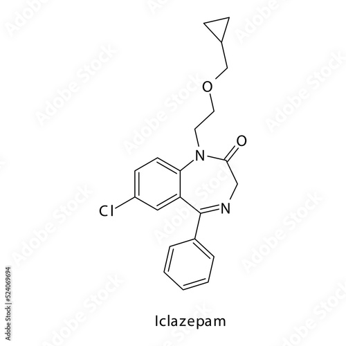 Iclazepam molecule flat skeletal structure, Benzodiazepine class drug used as Sedative, hypnotic agent. Vector illustration on white background.