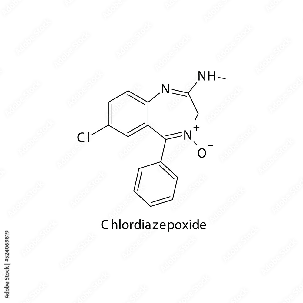 Chlordiazepoxide molecule flat skeletal structure, Benzodiazepine class drug used as Sedative, hypnotic agent. Vector illustration on white background. Chlordiazepoxide molecule flat skeletal structure, Benzodiazepine class drug used as Sedative, hypnotic agent. Vector illustration on white background.