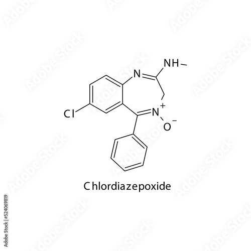 Chlordiazepoxide molecule flat skeletal structure, Benzodiazepine class drug used as Sedative, hypnotic agent. Vector illustration on white background.