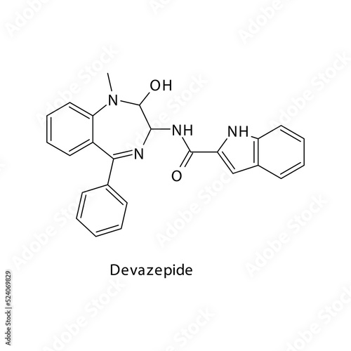 Devazepide molecule flat skeletal structure, Benzodiazepine class drug used as research agent. Vector illustration on white background.