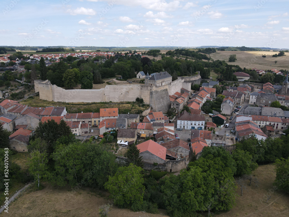 Aerial view of the beautiful french village of Rodemack during summer