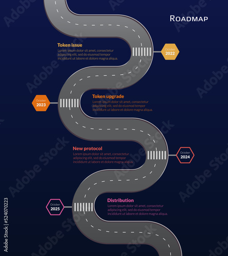 Roadmap with winding road and stop signs on stages on dark blue background. Vertical infographic timeline template for presentation. Vector.