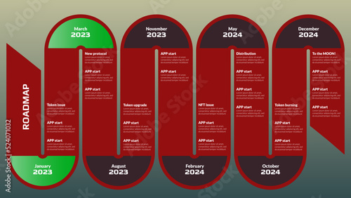 Roadmap with red winding road and many stages on gray background. Horizontal infographic timeline template for business presentation. Vector.