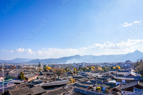 Landscapeof Lijiang old town,view from Shizi mountain Wangu pavillion,Located in Lijiang,Yunnan,China