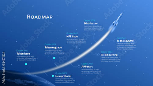 Roadmap with planet Earth and space rocket with long trail on blue background. Timeline infographic template for business presentation. Vector.