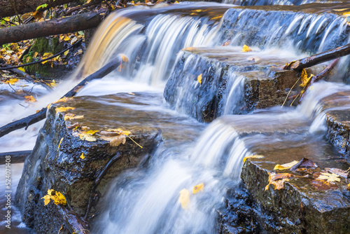 Falling water in a creek with autumn colored leaves