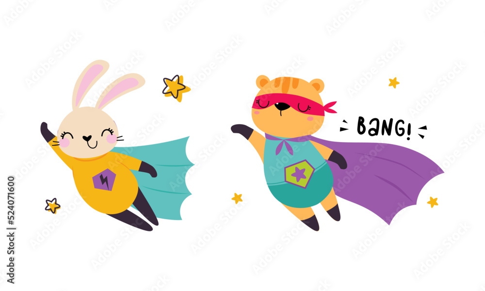 Fototapeta premium Superhero baby animals in capes and masks set. Cute little rabbit and tiger dressed as superheroes cartoon vector illustration